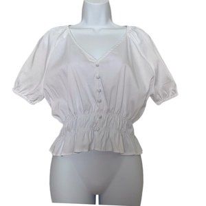 Calista Crisp White Cropped Smocked Waist Peasant Puff Short Sleeve Top Size M